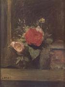 Jean Baptiste Camille  Corot Bouquet de fleurs dans un verre a cote d'un pot a tabac (mk11) oil painting